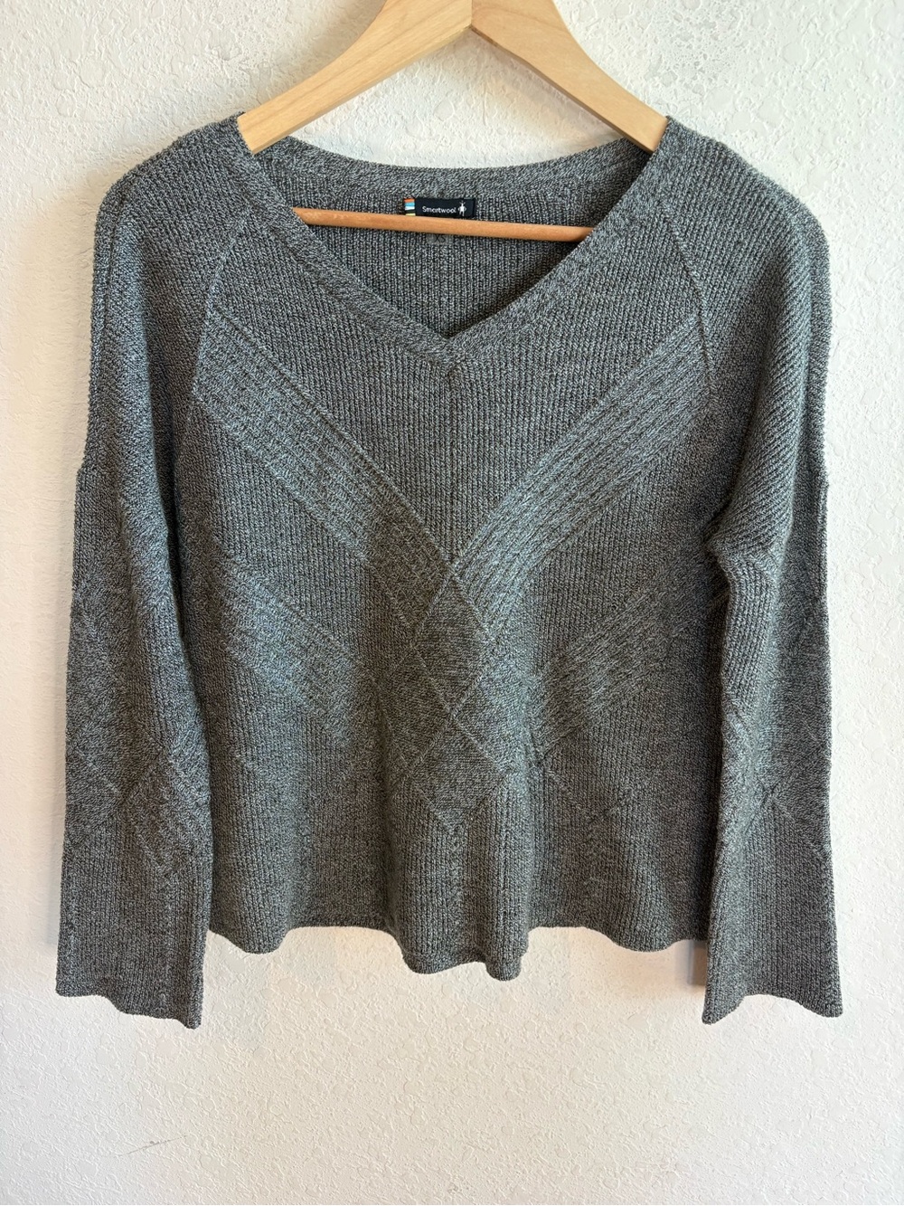 Smartwool Womens XS Gray V-Neck Wool Nylon Textured Shadow Pine Sweater Cable